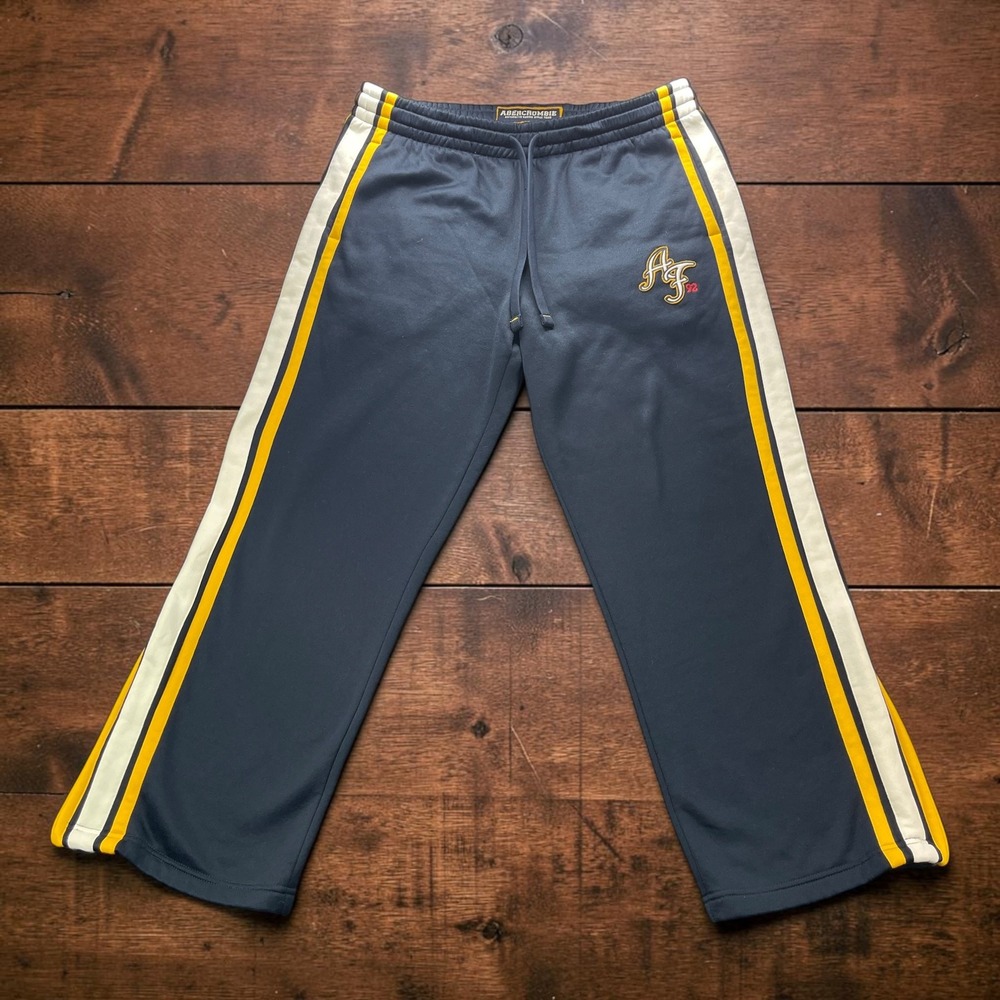 Vintage Y2K Abercrombie Navy Track Pants Yellow Side Stripe AF 92 Logo (L) 38x30